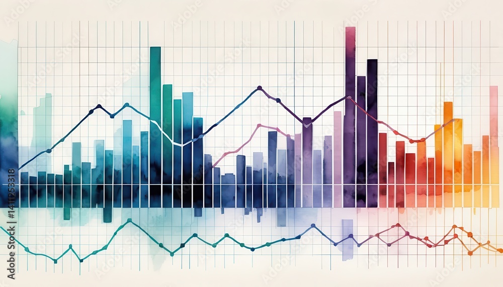 Aufkleber Abstract Watercolor Graph with Fluctuating Data Trends Featu Multicolored Bars and Lines on a Grid Background for Visual Data Representation