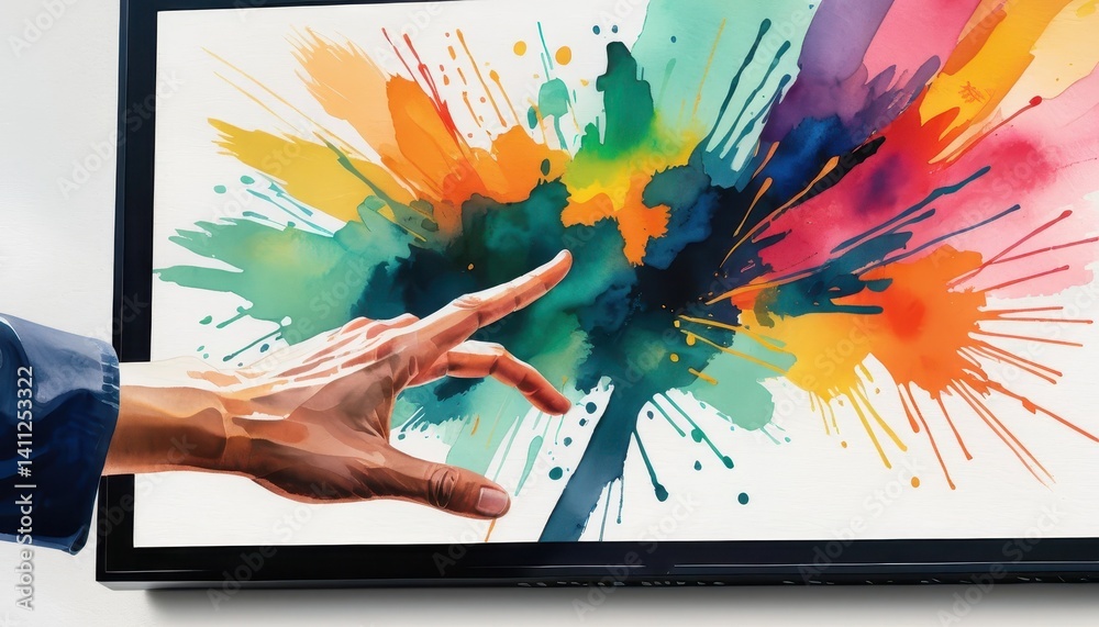 Fototapete A hand reaching to touch a colorful digital display filled with vibrant watercolor splatters creating an explosion of artistic expression and creativity