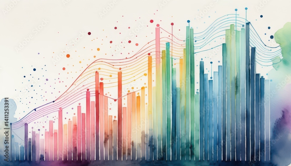 Fototapete vibrant abstract watercolor bar graph with flowing lines illustrating growth and dynamic data trends