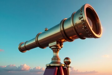 Antique brass telescope, rose tripod, clear sky, brass, serene