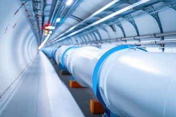 Fototapeta premium wide-angle shot capturing colossal circular tunnel of large hadron collider bathed in ambient lighting stretching seemingly