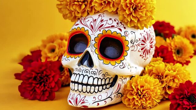 Vibrant Skull Decoration with Colorful Marigold Flowers Celebration of Cultural Heritage and Floral Patterns in Festive Atmosphere