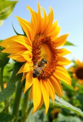 Obraz premium A bee rests on a vibrant sunflower petal, surrounded by lush green foliage, detail, natural, insect