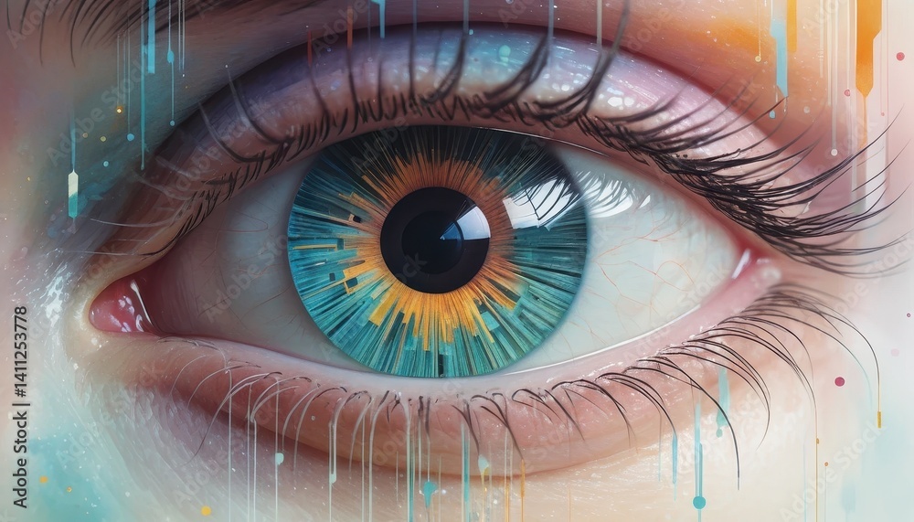 Aufkleber Close-up of a stylized eye showcasing a teal and orange iris with digital circuit patterns surrounded by lush lashes and vibrant artistic color streaks