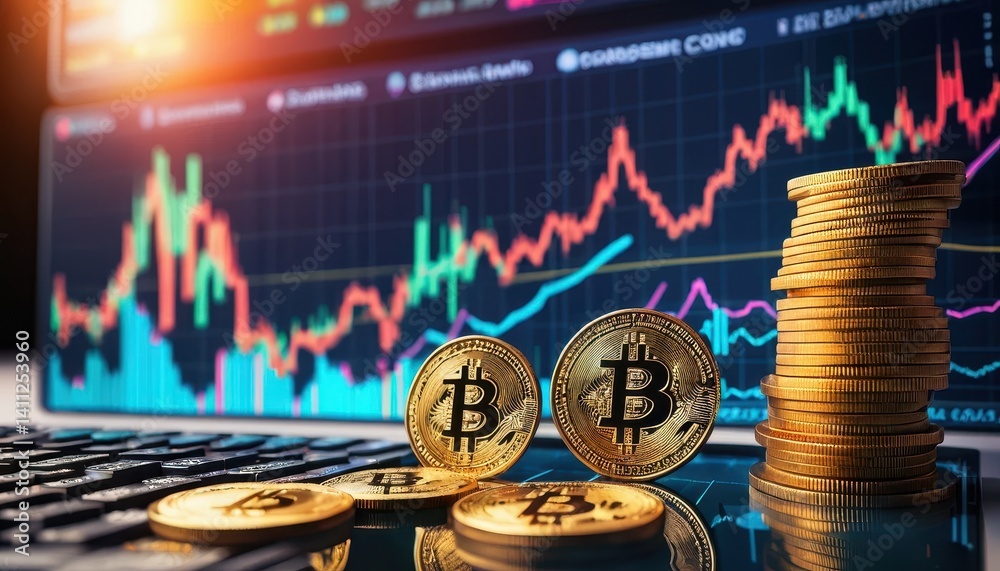 Fototapete Close-up View of Bitcoin Cryptocurrency Coins on Laptop Keyboard with Dynamic Cryptocurrency Market Charts Displayed on Computer Screen Behind Them
