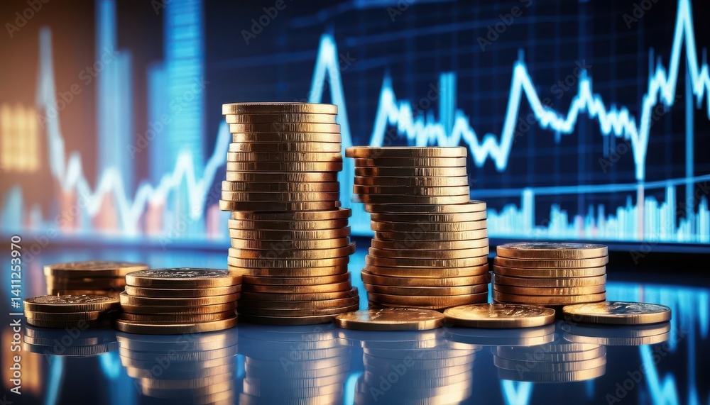 Aufkleber Stacks of Shiny Gold Coins in Front of a Dynamic Stock Market Graph Illustrating Price Fluctuations and Investment Opportunities for Traders