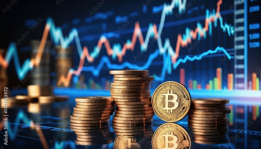 Poster Stacks of Bitcoin-like gold coins in focus with a dynamic cryptocurrency price chart blurred in the background depicting the modern digital currency market trends