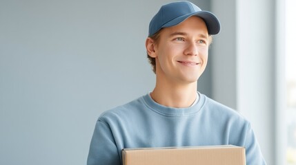 young courier in uniform holds package with confident smile minimalist setting plenty of copy space