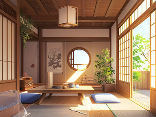 Sunlit Japanese Room Illustration