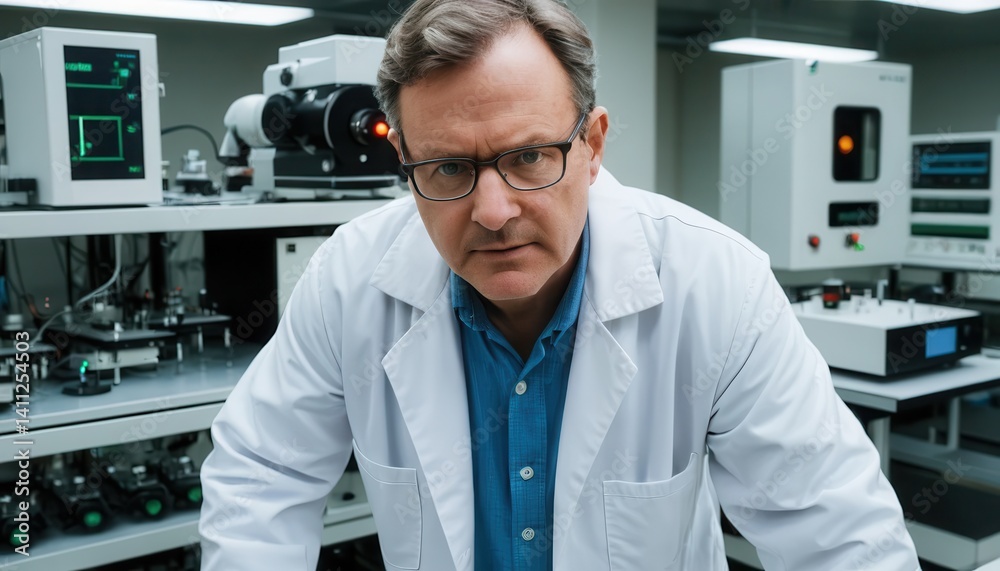 Poster Serious middle-aged scientist in white lab coat intently gazing at viewer in high-tech laboratory surrounded by advanced scientific equipment and tools