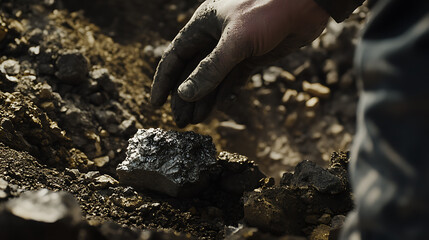 Excavator operator digging into rock layers to expose valuable minerals at a mining site. Featuring excavation and skill