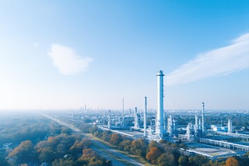 aerial view of oil refinery with vast clear sky above sprawling industrial structures and clean geometry