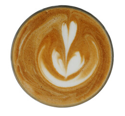 Milk foam drawn into a tulip flower and tree or heart shape on Latte Coffee in glass cup round, Hot drink isolated on transparent  background