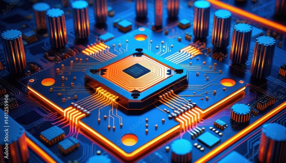 Poster Close-Up View of Stylized Central Processing Unit CPU on Circuit Board with Intricate Circuitry Illuminated in Bright Orange and Blue Hues