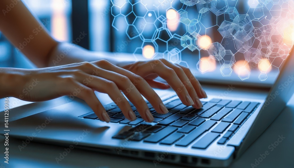 Aufkleber Close-up of hands typing on laptop, surrounded by digitally-rendered network of interconnected hexagons representing technology and connectivity in action