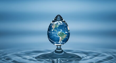 Earth Reflected in a Water Drop Suspended Over Rippling Water, Global Conservation Concept.