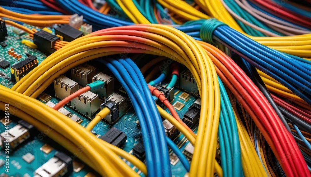 Poster Close-up View of a Complex Network of Colorful Cables and Connectors Intertwined on an Electronic Circuit Board for High-Tech Visuals and Design