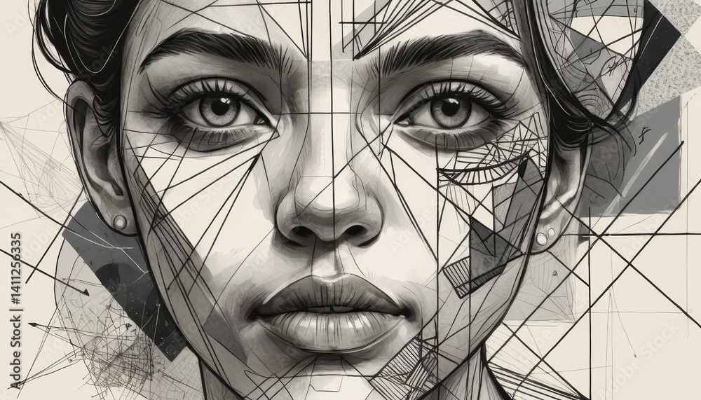 Aufkleber Grayscale Portrait of a Woman's Face with Abstract Geometric Pattern of Intersecting Lines and Shapes Creating a Stylized Artistic Effect