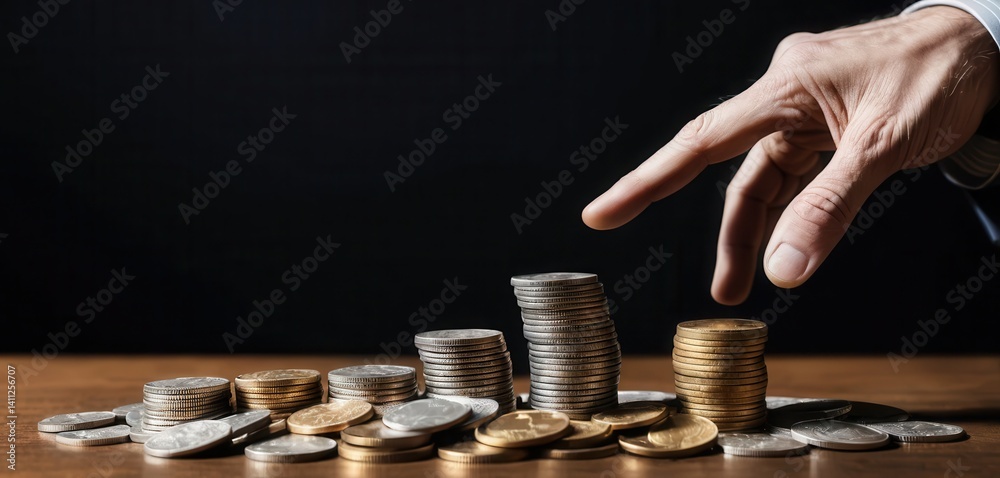 Poster a hand reaching out to touch stacks of coins varying in height and metal tones on a dark wooden surf
