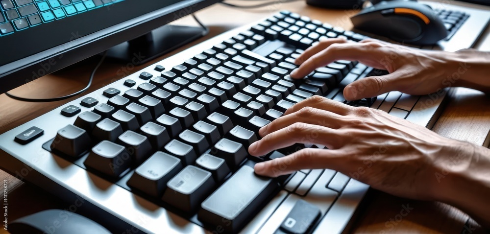 Aufkleber Close-up View of Hands Typing on a Silver Framed Keyboard with Computer Monitor and Mouse in the Background at a Workspace Desk Setting