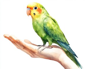 Green parrot perched on hand indoor setting digital art close-up nature concept isolate on white background 