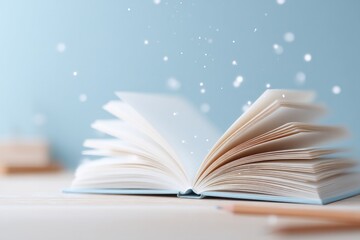 open book with fluttering pages set on wooden table gently lit by soft ambient light evokes sense of calm and inspiration