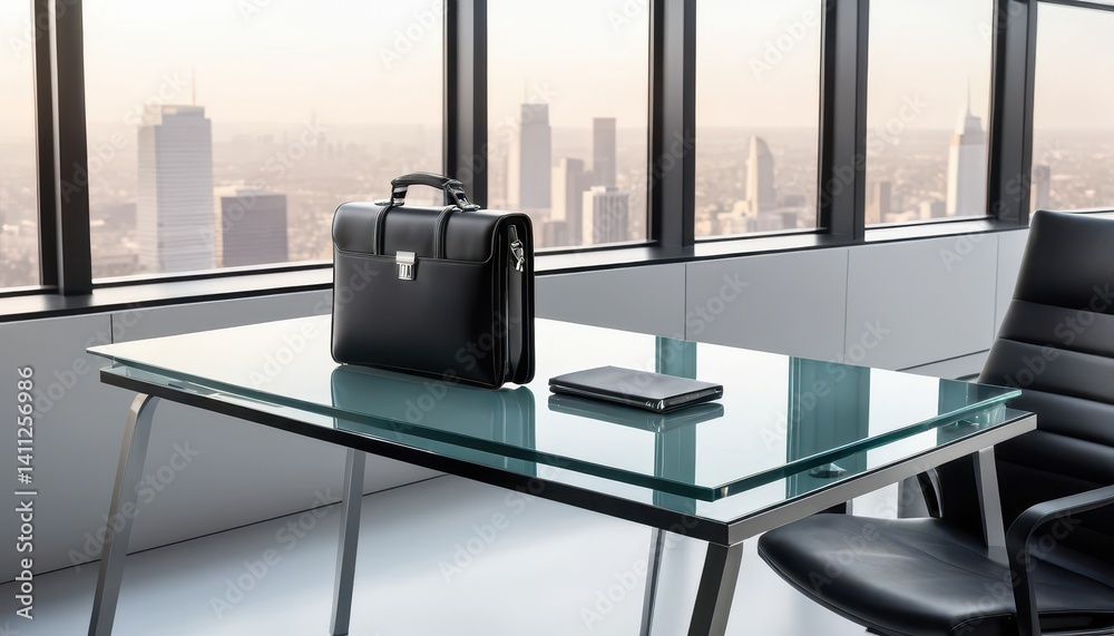 Poster sleek black leather briefcase and closed notebook on glass desk in modern office with expansive city
