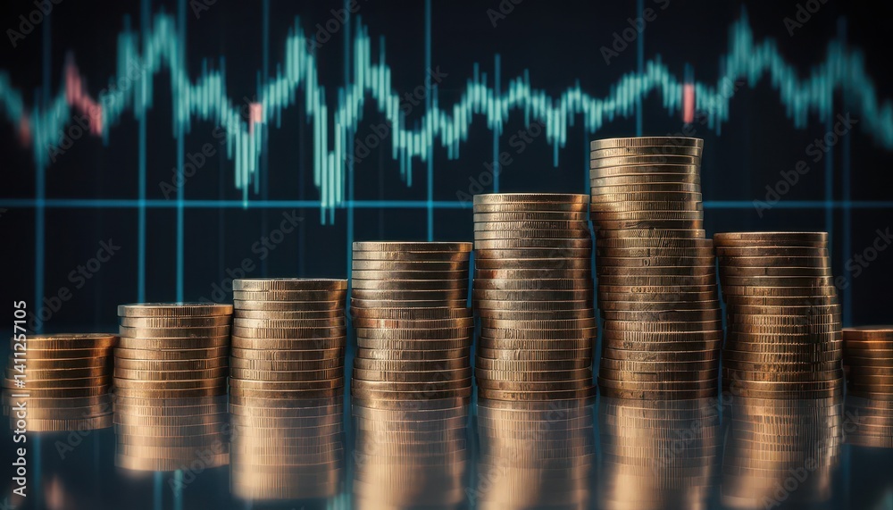 Poster stacks of gold coins rising in size against a backdrop of an upward fluctuating stock market graph s