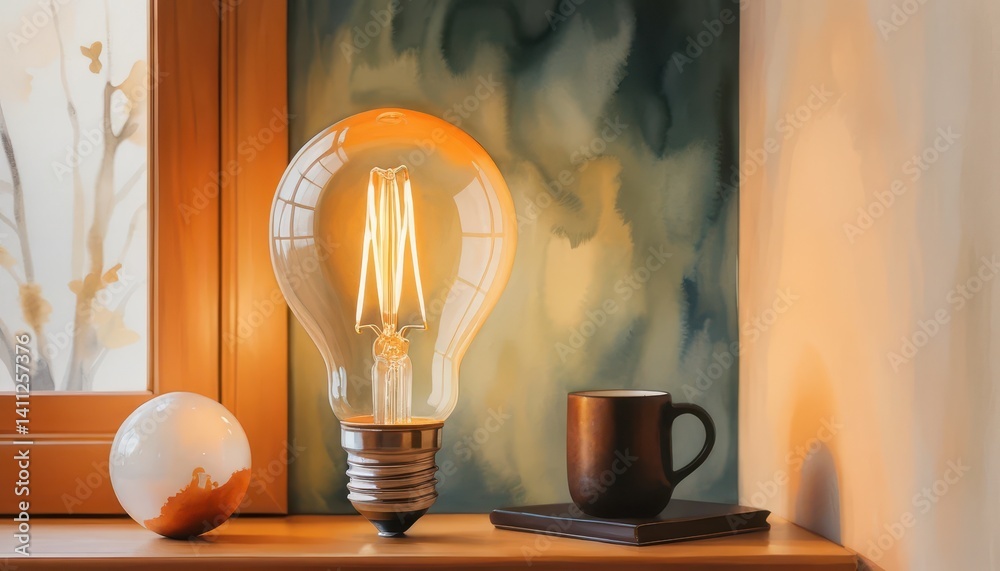 Aufkleber illuminated edison light bulb on ill with decorative orb and dark mug resting on book against abstra