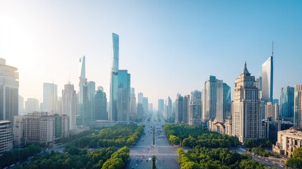 Obraz premium bustling cityscape in flourishing emerging market economy with skyscrapers and busy streets under clear sky