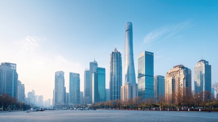 Obraz premium bustling cityscape in flourishing emerging market economy with skyscrapers and busy streets under clear sky