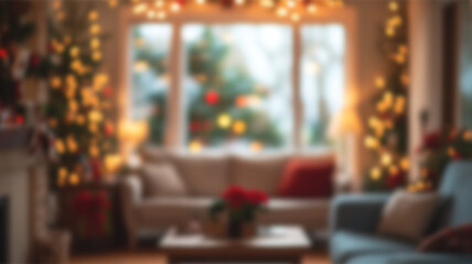 Blured Christmas interior bokeh light background. Copy space for placing items. Ai Generated Images