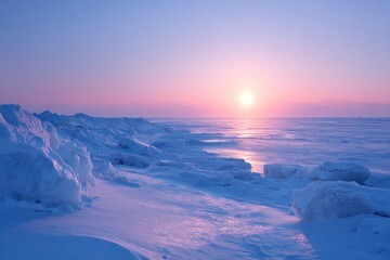 Obraz premium captivating arctic landscape with icy terrain glowing under soft light of polar sun setting on horizon