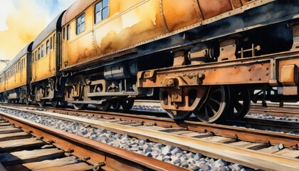 Obraz premium Vintage Watercolor Painting of Ochre Passenger Train on Railway Tracks Emphasizing the Wheels with Beautiful Artistry and Scenic Background Details