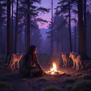 Native woman with wolves by camp fire