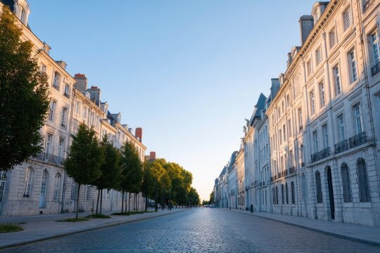 capture minimalistic scene of quaint european city street with cobblestone paths and historic architecture featuring