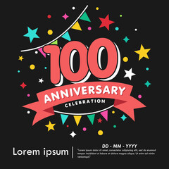 100th years anniversary celebration emblem. anniversary logo isolated with colorful stars and bunting flag and ribbon. vector illustration template design for web, flyers, poster, invitation card	