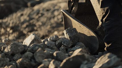 Excavator operator loading rocks onto a transport vehicle at a mining excavation site. Featuring loading and excavation