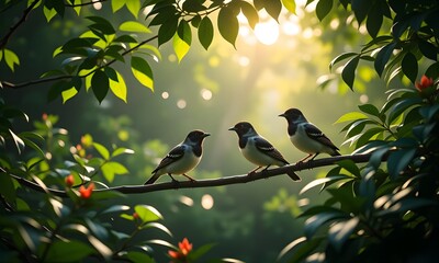 A group of birds sitting on top of tree branches.