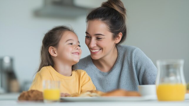 Joyful morning breakfast with mother and daughter sharing smiles and delicious food together at home.