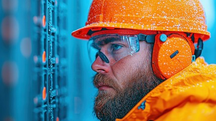 Focused Engineer Inspecting Server Rack, Close up of a technician inspecting server equipment.