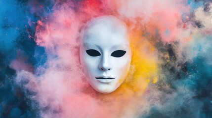 White mask in vibrant smoke, studio shot