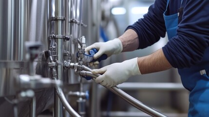A dairy farm worker connecting hoses for automated milking. Featuring efficiency and hygiene