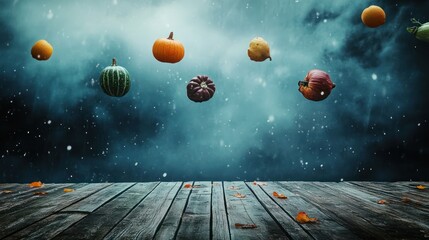 Naklejka premium Falling autumn fruits on wooden deck