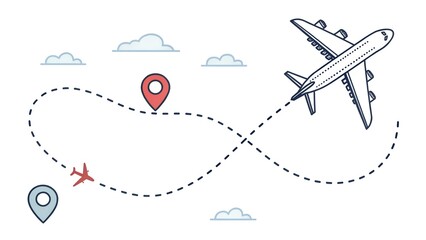 Airplane line path icon. Air plane flight route with line trace vector illustration. Dashed route travel concept. Plane flight way wallpaper isolated on white background. Aviation track symbol.