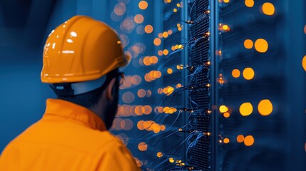 Technician Inspecting Server Rack, IT specialist working on server maintenance.