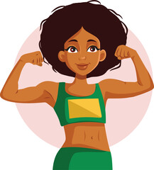 Brazilian Athlete Flexes Arm Muscles Vector Cartoon Character. Fit athletic woman feeling empowered and cheerful 
