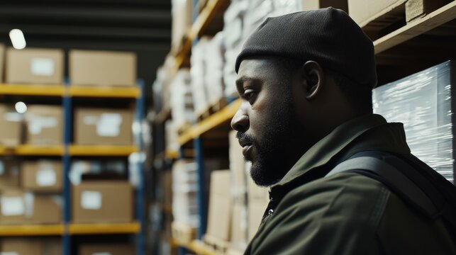 A delivery driver loading packages into a truck at a warehouse. Featuring efficiency and logistics