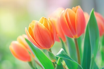 Naklejka premium close-up of vibrant tulip blossoms in sunny garden capturing green leaves and colorful petals