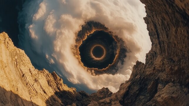 A surreal, swirling vortex within a rocky canyon